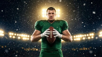 American football player in action stadium cinematic portrait night powerful presence sports photography