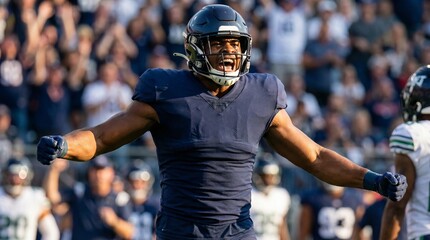 Celebratory american football player triumphs stadium action shot vibrant atmosphere dynamic perspective
