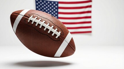 Dynamic action of an american football in front of the u.S. Flag sports environment captivating perspective