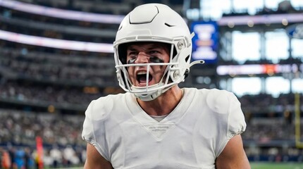 American football player celebrating victory stadium action shot exciting atmosphere dynamic perspective