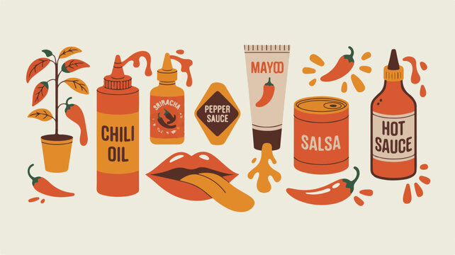 Collection Of Hot Sauce And Condiment Illustrations Keywords: hot sauce, chili oil, sriracha, salsa, mayonnaise, pepper sauce