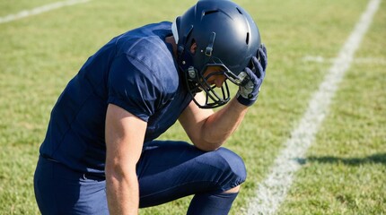 American football player's emotional moment on field high-impact sports scene training grounds dramatic viewpoint