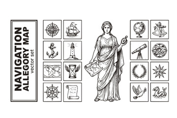 Fototapeta premium Navigation Allegory Map Figure-Map Vintage-Engraving Historical-Design Navigation-Map Allegorical-Navigation Vintage-Allegory Map-Engraving Vector Set - Navigation Allegory