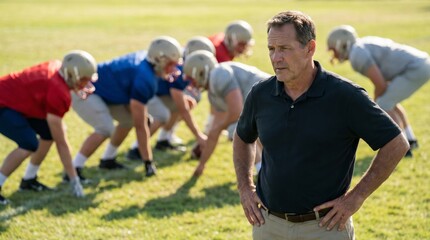 American football practice scene with coach overseeing team in outdoor field environment