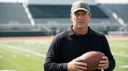 American football coach training session local stadium sports photography outdoor close-up passion for the game
