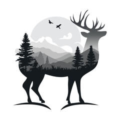 Majestic Deer Silhouette Double Exposure With Mountain Landscape and Pine Trees