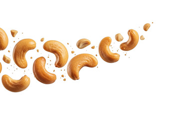A dynamic wave of roasted cashew nuts floating isolated on transparent background