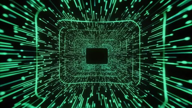 Electronic microchip processor surrounded by glowing green data streams in a dark tunnel environment for tech backgrounds.