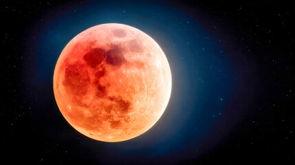 Obraz premium Stunning vivid full lunar eclipse with bright red-orange moon glowing against a dark starry night sky in stunning outer space scenery
