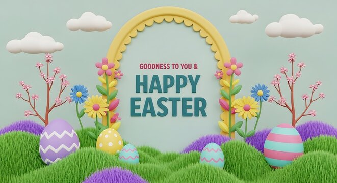 Colorful easter greeting card with eggs flowers and arch on green grass with purple flowers and clouds on light blue background