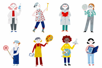 Diverse women representing various professions and roles in a colorful illustrated arrangement