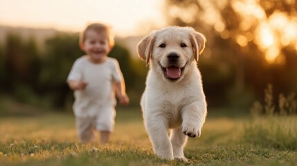 Labrador puppy with children, A joyful golden retriever puppy runs on grass with a smiling toddler in white clothes blurred in the warm sunlight background.