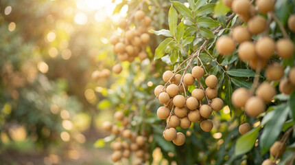Grappes de longanes m&ucirc;res suspendues aux branches dans un verger ensoleill&eacute;