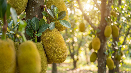 Plusieurs jacquiers portant de gros fruits m&ucirc;rs dans un verger ensoleill&eacute;