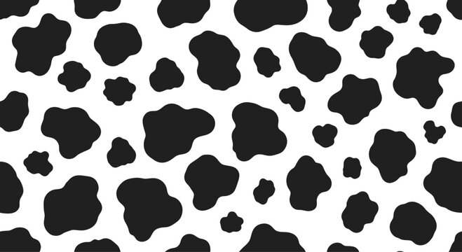 A black and white cow print pattern on a solid background