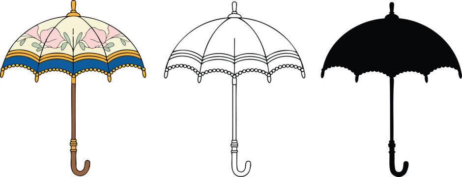 Vintage umbrella silhouette & Outline and illustration set isolated on transparent background
