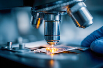 Scientific laboratory microscope focusing bright light on slide sample with gloved hand adjusting precision equipment for research analysis