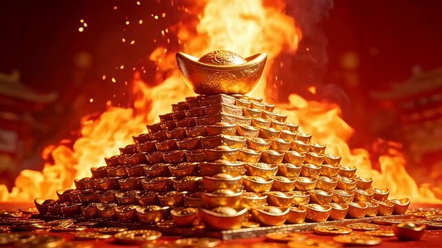 Pile of gold ingots with fire
