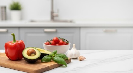 Fresh vegetables and herbs on wooden cutting board in bright kitchen with natural light for healthy cooking