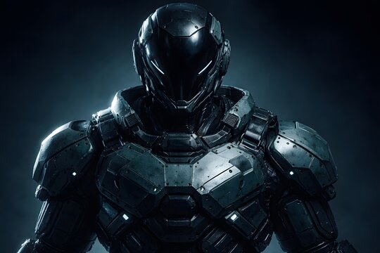 Dark armored futuristic soldier in a high tech suit suitable for space exploration games and sci fi military defense technology backgrounds.