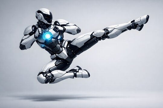 Dynamic action shot of a white robot performing a flying kick suitable for sports technology and combat training artificial intelligence concepts.