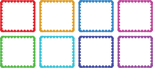 A colorful collection of blank frames with heart-shaped borders in various vibrant colors.