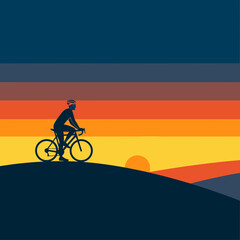 Obraz premium Silhouette Cyclist Riding Through Striking Sunset Landscape Abstract Vector Art