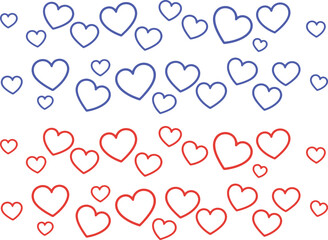 A colorful illustration of blue and red hand-drawn hearts on a white background