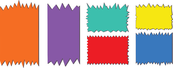 A colorful illustration of torn paper rectangles in various vibrant hues on a white background