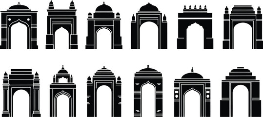 A collection of black and white illustrations of various Indian arches and gateways on a white background