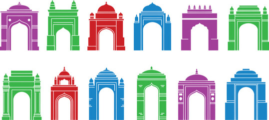 A vibrant illustration of various Indian arches in different colors and designs on a white background