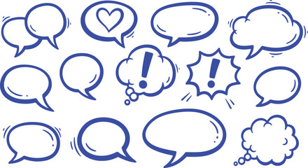 A collection of blue cartoon speech bubbles on a white background for communication and dialogue