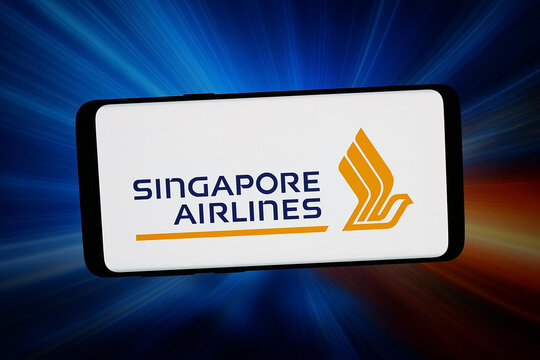 Stuttgart, Germany - 02-14-2026: In this photo illustration, the logo of airline company Singapore Airlines (SIA) is displayed on a smartphone in front of abstract background on computer screen.