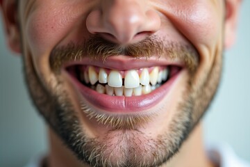 Close-up Portrait of a Young Man with a Dental Implant and Missing Tooth, Emphasizing the Gap in his Smile