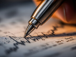 Writing a detailed financial chart with a sleek metal pen illustrating meticulous investment analysis and market trend documentation in warm lighting