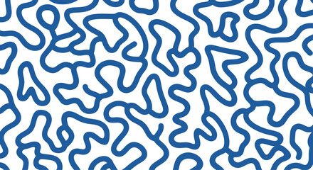 A vibrant blue abstract pattern on a white background with wavy lines and shapes