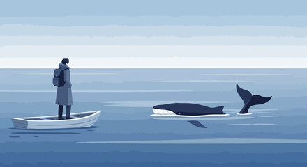 Obraz premium Solitary Explorer Encounters Majestic Whale Pod In Vast Ocean Expanse