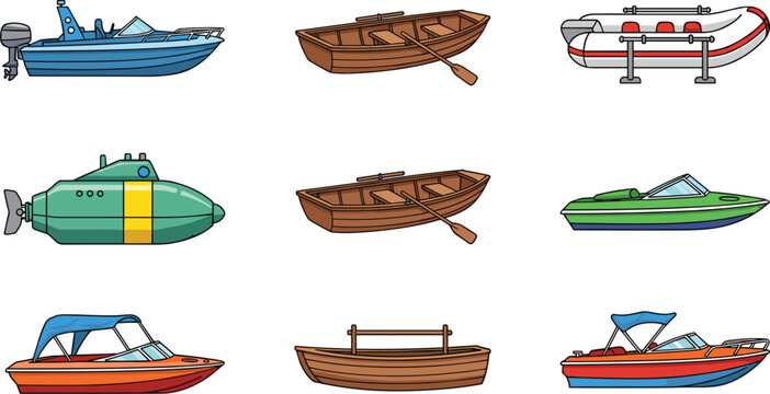Vector set of various boats including motorboat wooden rowboat submarine and inflatable raft icons for marine transportation travel and nautical design projects.