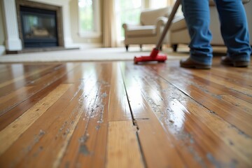 Obraz premium Restoring Water-Damaged Laminate Flooring: A Detailed Close-up of the Repair Process in a Home