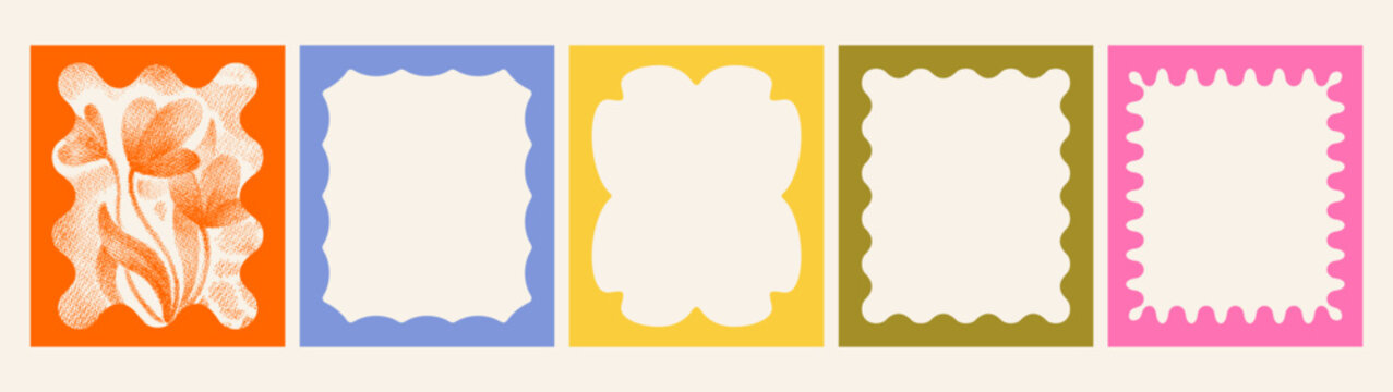 Frame border with scallop wavy edge shape. Fun bold frame and grainy blur halftone flower photo art. Square rectangle cute vector border. Boarder pattern, fun bold retro sticker, wavy wiggle design bg