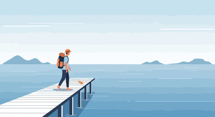 Obraz premium Solo Traveler Walks Down Wooden Pier Towards Ocean Horizon