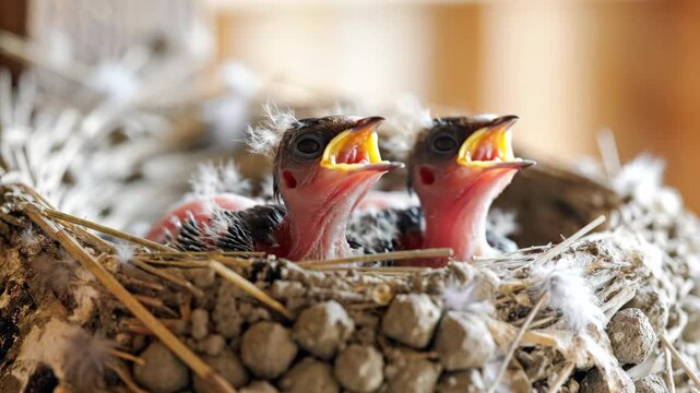 Two baby birds with wide open yellow mouths gaping in a nest