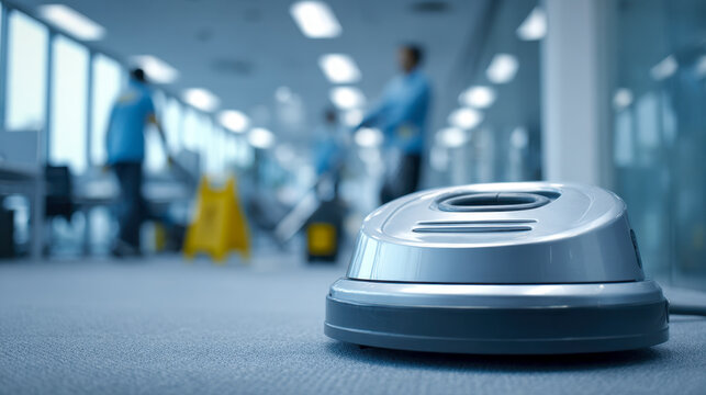 Robotic vacuum cleaner operating in a modern office space while janitors clean the background, illustrating automation in workplace maintenance and cleaning tasks