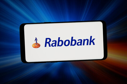 Stuttgart, Germany - 02-14-2026: In this photo illustration, the logo of Dutch company Cooperatieve Rabobank U.A. is displayed on a smartphone in front of abstract background on computer screen.