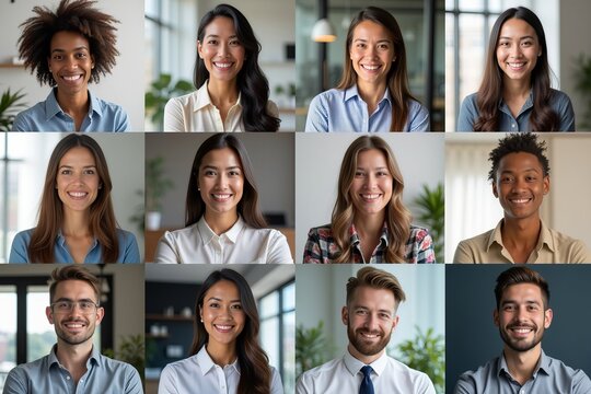Collage of diverse business professionals in a virtual conference call: avatar headshots representing a group of individuals.