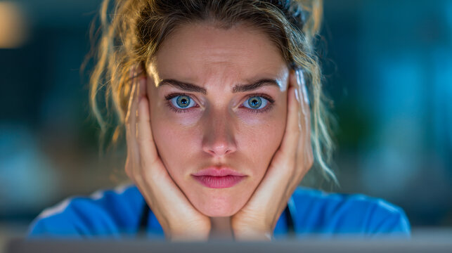 Young woman with blue eyes and curly hair in casual clothing looking stressed and worried while resting her face in her hands in a dimly lit indoor setting