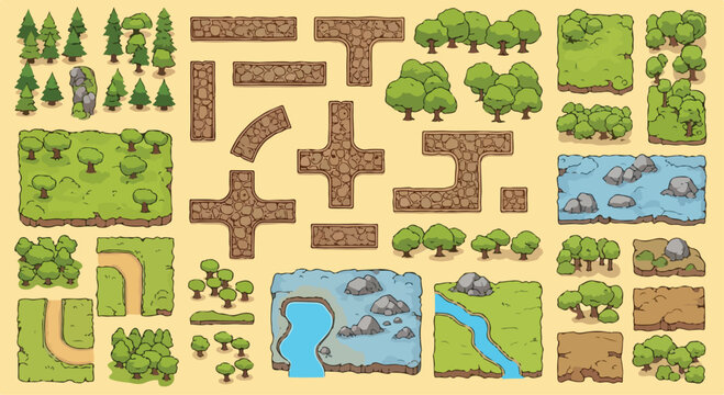 Vector pixel art game tileset featuring green grass, brown dirt paths, various trees, and blue water rivers, isolated on a light beige background for map creation.
