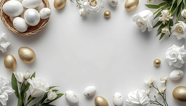 A beautifully arranged Easter-themed flat lay with white and gold eggs, flowers, and a wicker basket on a clean white background.