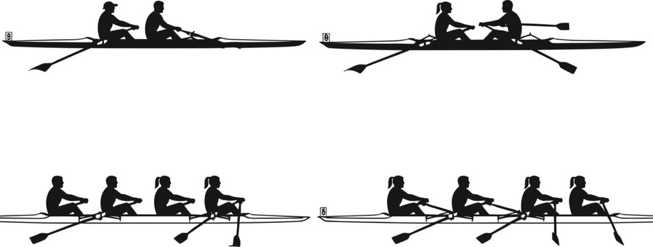 Rowing silhouettes set with athletes in sculling boats and team racing shells during competition isolated on white background for sports design