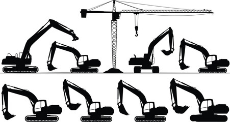 Construction machinery silhouette set with excavators and tower crane, heavy equipment collection for building site, industrial engineering concept isolated on white background. © Shirina
